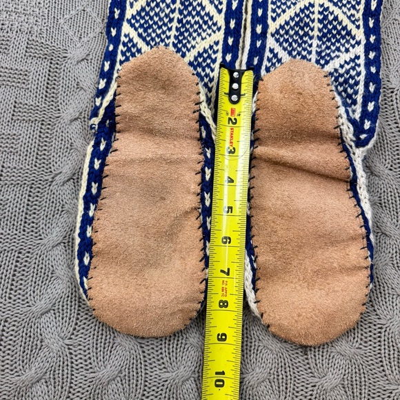 Vintage Blue and Cream Wool & Leather Hand Knit Slipper Socks ~ Small - Picture 9 of 11